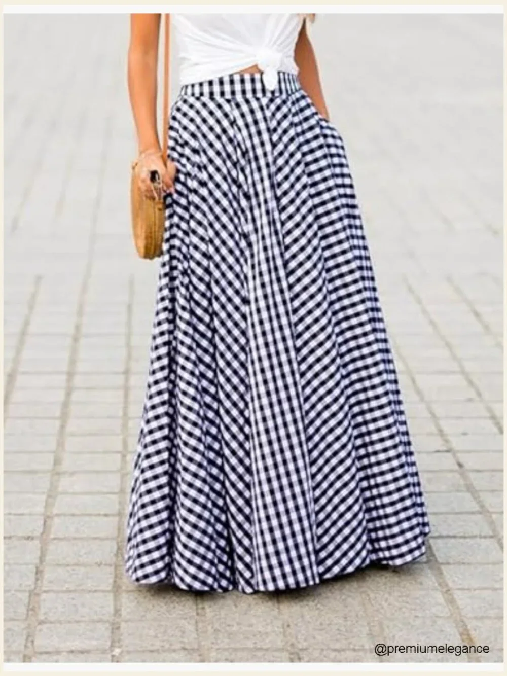 Gingham Maxi Skirt High Waist Pleated A-Line Flowy Checkered Skirt Summer - Picture 2 of 7